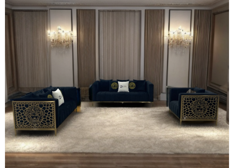 Fabric Lounge Suite Set in Dark Blue Colour with Gold Frame - Highton